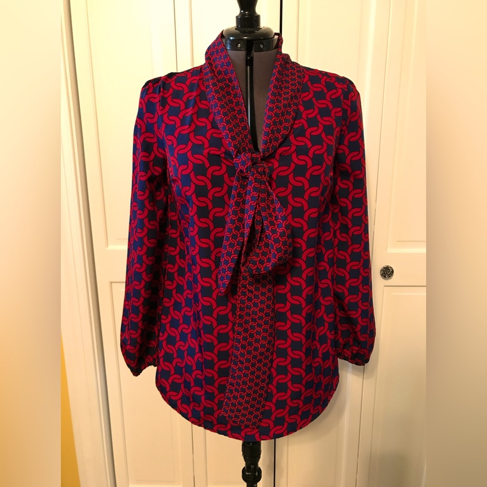 Mud pie Red and blue blouse with coordinating collar bow